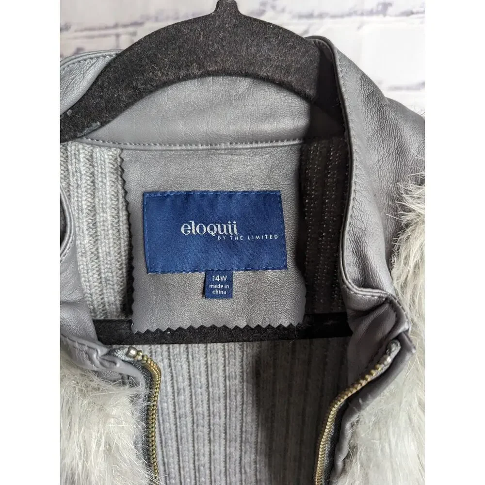 Eloquii Limited Womens Plus Size 14W Gray Faux Fur Leather Sweater Vest Full Zip